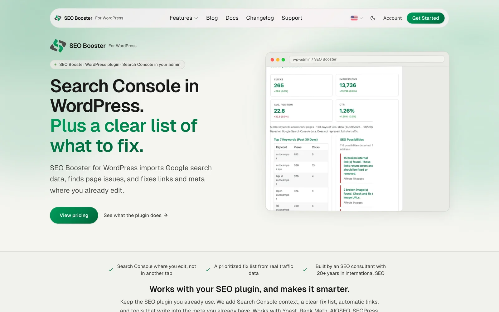 SEO Booster surfacing Google Search Console keyword data inside the WordPress editor