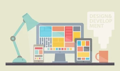 Flat illustration of web design and development across desktop, tablet, and phone